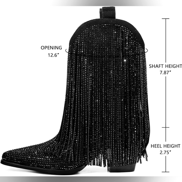 Black Rhinestone Fringe Boho Festival Western Boots - Picture 7 of 8